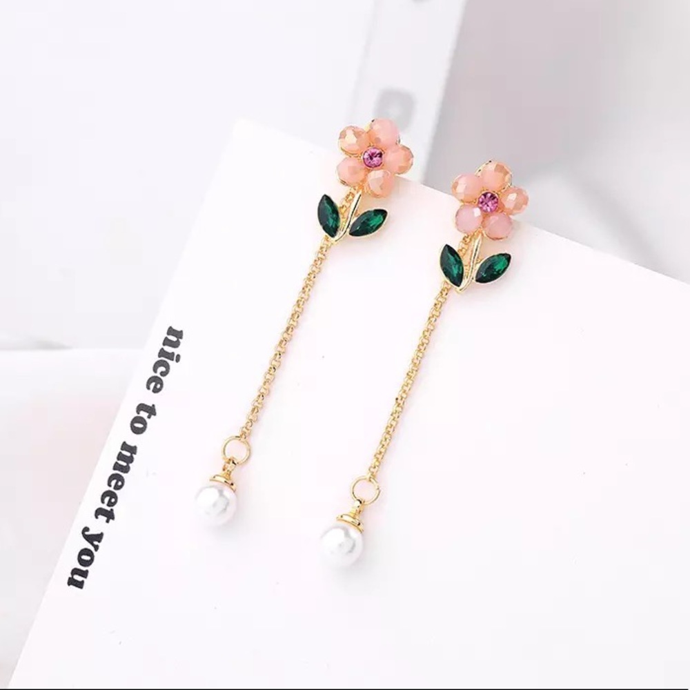 Crystal Flower Pearl Drop Stud Earrings - Picture 1 of 7